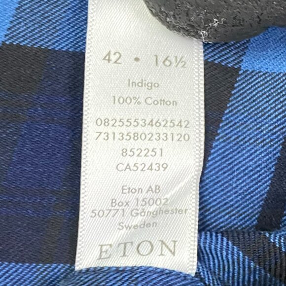 Eton Flannel Shirt Large 42 16.5 Blue Contemporary Fit Lightweight Plaid Indigo - Picture 7 of 13